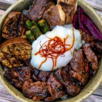 Beef Steak Don · Beef marinated with homemade yakitori sauce, vegitables and porched egg  over rice