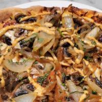 Shroom Pizza · mixed mushrooms w/caramelize onions, chipotle alioli, marinara sauce and mozzarella cheese