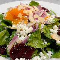 Fresh Beet & Spinach Salad · red & golden beets, red onion, goat cheese, mandarin, sliced almonds & house balsamic vinaig...