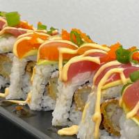 Geisha Roll · Crab salad, shrimp tempura avocado, tuna, salmon, unagi sauce, spicy mayo, green onion, masa...