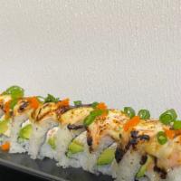 Lion King Roll · Crab, avocado, cream cheese, salmon, baked with our French miso sauce, green onion, masago.