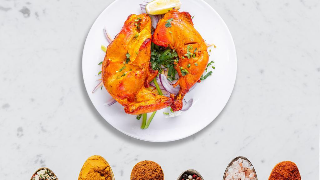 The Chickend Has No End · Jumpin Jack Flash...juicy chicken dipped in a yoghurt & ground spice marinate and baked in a tandoor clay oven. 2 Breasts and 2 Legs.