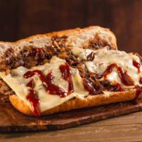BBQ Cheesesteak · Thinly sliced steak, grilled onions, BBQ Sauce and cheese whiz on a French roll.