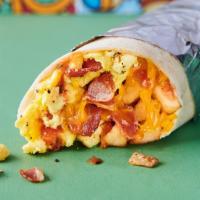 Bacorito · Breakfast burrito stuffed with scrambled eggs, potatoes, bacon, salsa and melty cheese.
