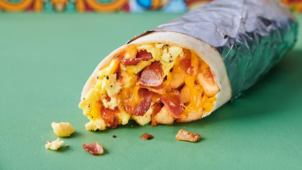Bacorito · Breakfast burrito stuffed with scrambled eggs, potatoes, bacon, salsa & melty cheese.