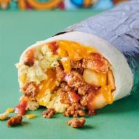 Sausarito · Breakfast burrito stuffed with scrambled eggs, potatoes, spicy sausage, salsa and melty chee...