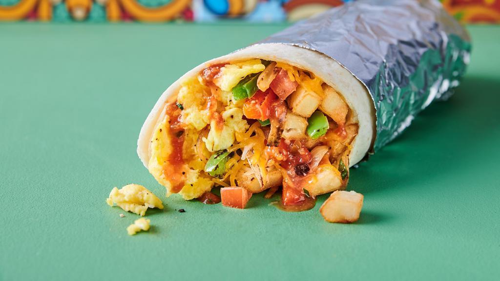 Huevorito · Breakfast burrito stuffed with scrambled eggs, potatoes, sautéed peppers & onions, chopped tomatoes, salsa & melty cheese