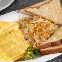 Cheese Omelet · 3 AA grade egg omelet with cheese served with hash browns and choice of toast. Or substitute...