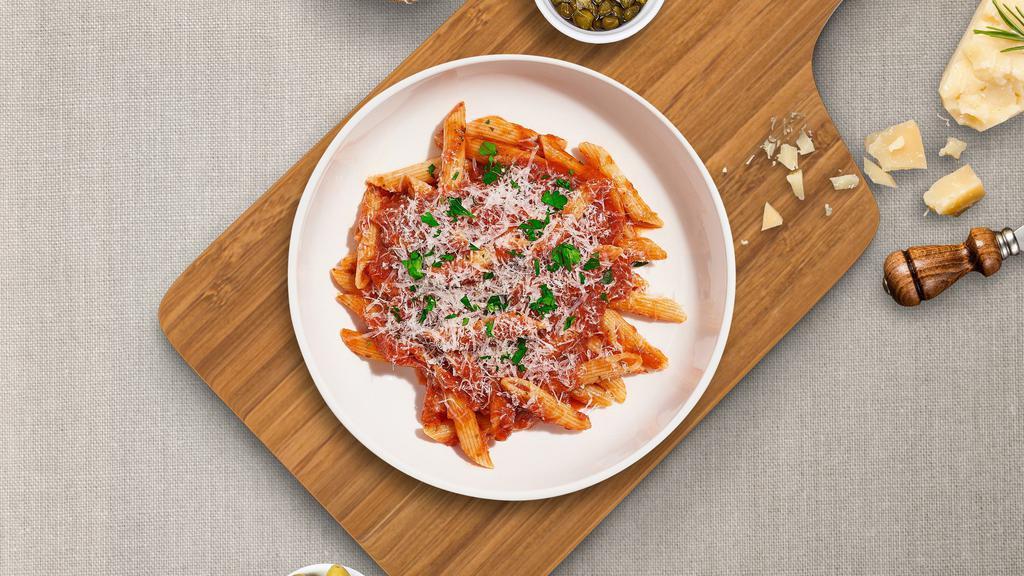 Just A Penne  · (Vegetarian) Penne pasta cooked in a spicy sauce made with minced garlic, basil, Roma tomatoes and extra virgin olive oil.