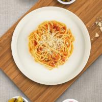 Sausage Season Spaghetti · Spaghetti in a homemade rossa sauce topped with spicy Italian sausage, minced garlic, extra ...