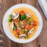 Tomato Cream Vegetable Spaghetti · eggplants, bellpepper, broccoli, onions, carrots, mushrooms, scallions, and tomatoes in a ho...