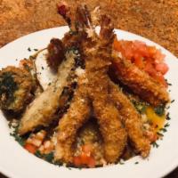 Shrimp Katsu Curry Don · 5 pieces of Tiger Shrimp, kanikama, broccoli, bell pepper, and eggplant fried using Japanese...