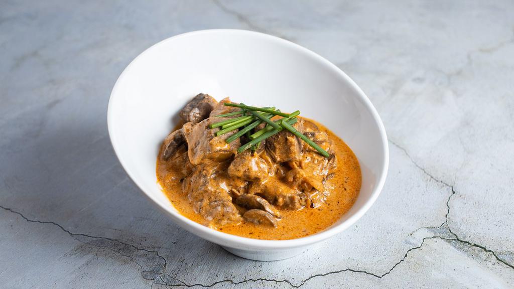 Are You Stroganoff for This? (Beef Stroganoff) · 10 ounce tender beef simmered in red wine, beef stock and mushrooms finished with sour cream.
Serving Size: 225 g | Calories: 482 kcal | Carbohydrates: 3 g | Protein: 30 g | Fat: 38 g | Saturated Fat: 15 g | Polyunsaturated Fat: 2 g | Monounsaturated Fat: 16 g | Cholesterol: 119 mg | Sodium: 431 mg | Potassium: 452 mg | Fiber: 1 g | Sugar: 2 g | Vitamin A: 200IU | Vitamin C: 3.3 mg | Calcium: 30 mg | Iron: 3.2 mg