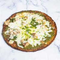 Save the Pesto For Last · Homemade cauliflower based pizza crust topped with pesto, chicken, and mozzarella cheese per...