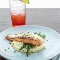 Miso-Glazed Salmon · Perfectly cooked salmon served with creamy mashed potatoes and veggies.