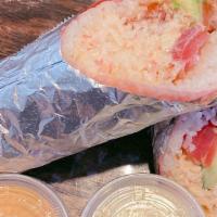 Sushi Burrito · [Spicy Crab Meat, Spicy Tuna, Tuna, Salmon, Avocado, Cucumber] 
Wrapped in  Soy Paper, House...