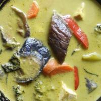 C4 - Green Curry · Spicy. Coconut milk, eggplant, basil, bell peppers and zucchini in our green curry.