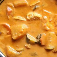 C2 - Red Curry · Spicy. Coconut milk, bamboo shoots, basil, bell peppers and lemon leaves in our red curry.