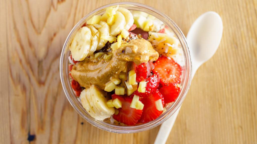 Acai Bowl Regular (10 oz) · Organic Acai Sorbet straight from Brazil. Has a wide range of health benefits, including Anti-Inflammatory properties. Served with Strawberry, Banana, Granola, and Honey. Packed with Vitamins and Proteins, this Superfood is enough to replace a meal.