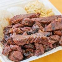 3. Beef Plate · Includes two scoops of rice and choice of mac or green salad.