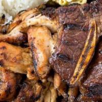 8. Chicken & Kalbi Combo · Includes two scoops of rice and choice of mac or green salad.