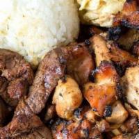 7. Chicken and Beef · Includes two scoops of rice and choice of mac or green salad.