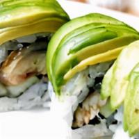 Caterpillar Roll · Eel, cucumber inside and topped with a layer of avocado, unagi sauce.