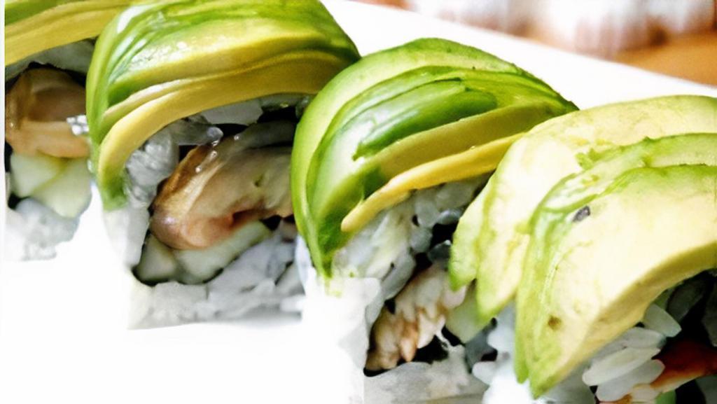 Caterpillar Roll · Eel, cucumber inside and topped with a layer of avocado, unagi sauce.