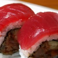 Hawaiian Roll · Spicy tuna and cucumber inside and topped with tuna.