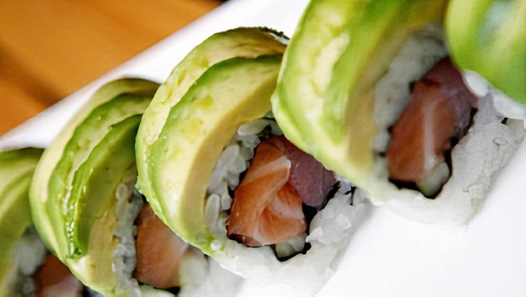 Sex & the City Roll · Tuna salmon inside and topped with a layer of avocado, unagi sauce, butter mayo.
