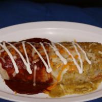 9. Mojado Burrito · Rice, beans, choice of meat, cheese, salsa verde. Topped with red enchilada sauce, sour crea...