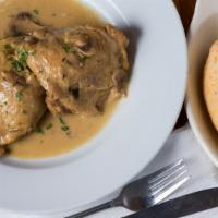 Poulet Au Riesling and Mashed Potatoes · Chicken braised in white wine with mushrooms, tarragon and thyme.