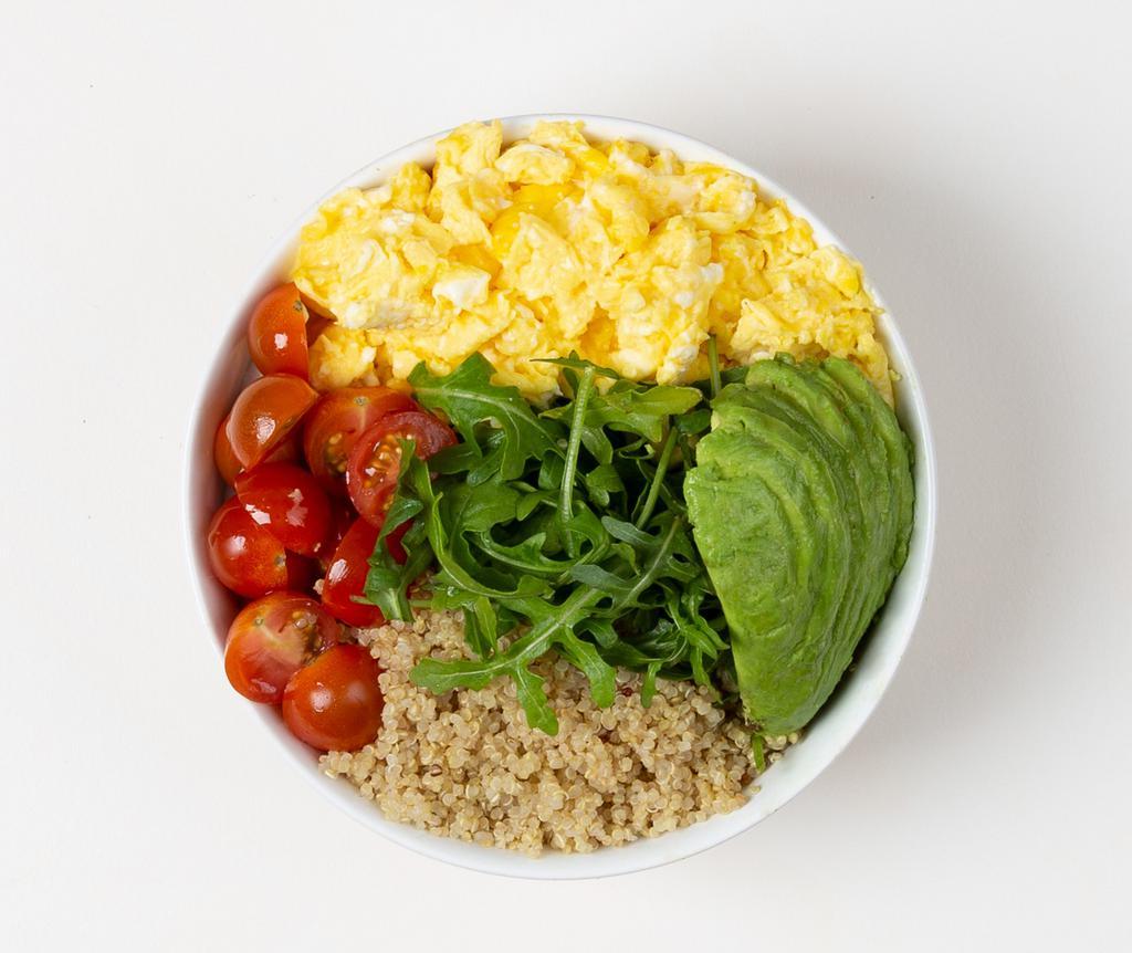 Quinoa Breakfast Bowl · 2 Fried Eggs, Tomato, Avocado, and Quinoa over Arugula