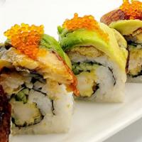 Dragon Roll · Shrimp tempura, cucumber with eel, avocado, tobiko on top.