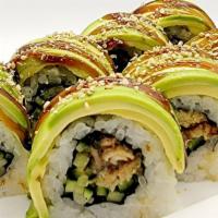 Caterpillar Roll · Eel and cucumber with avocado on top.