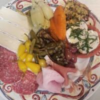 Antipasto Misto · A big Platter of  Parma Proscitto assorted affettati and cheese, olives roasted eggplant & z...