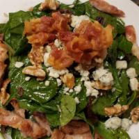 Popeye w/ Chicken · SPINACH, warm balsamic dressing over baby spinach pancetta, Gorgonzola & walnuts with grille...