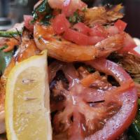 Griglia with PRAWNS · GRILLED SEAFOOD w/ mixed greens, arugula & marinated tomato & grape fruit