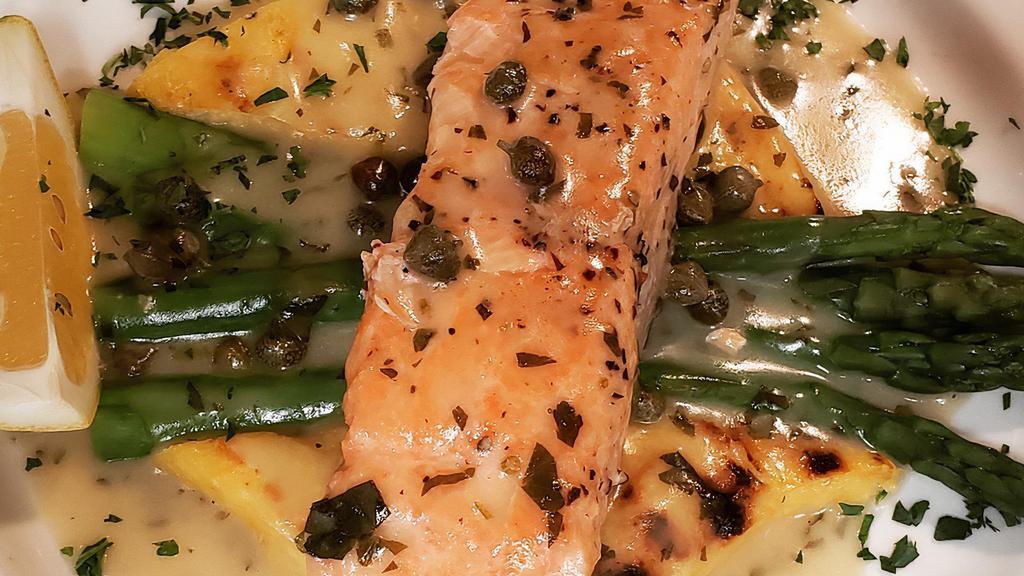SALMON Grenblesse · Grilled SALMON in white wine & lemon reductio w/ capers,served w/polenta & asparagus