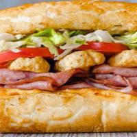 63. 'HELLA' FAT BASTARD · Ham, Bacon, Mozzarella Sticks, Extra Dirty Sauce, American. All sandwiches are served hot wi...