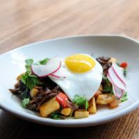 Short Rib Hash · Red wine braised short ribs, onions, bell peppers, garlic, bacon, and breakfast potatoes.  S...