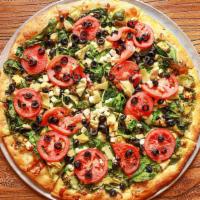 Veg-Head Pizza · spinach, artichoke heart, roma tomato, black olive, feta, kale pesto sauce