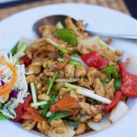 Chicken with Cashew Nut · Deep-fried chicken sautéed with garlic, bell pepper, onions, carrots, and roasted cashew nuts.