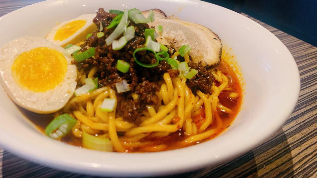 香辣担担面Spicy Dan Dan Noodle · Spicy Dan Dan Noodle with roast pork, egg, sesame oil and green onion, serve with Miso soup.
