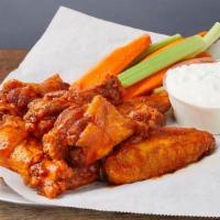 BUFFALO WINGS :: · Buffalo wings with Frank's Red Hot, served with carrots, celery, & blue cheese dressing