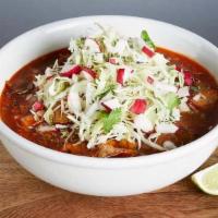 POZOLE :: · Pork and hominy stew. The savory broth gets its features from guajillo and ancho chiles. Ser...