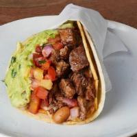 NICK'S WAY CARNE ASADA :: · One taco with a grilled crispy corn tortilla wrapped in a soft corn tortilla. With Jack chee...