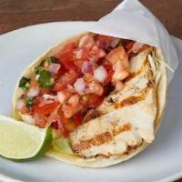 GRILLED FISH TACO :: · Marinated & grilled mahi-mahi in soft corn tortillas with cilantro, cabbage, red onions, pic...