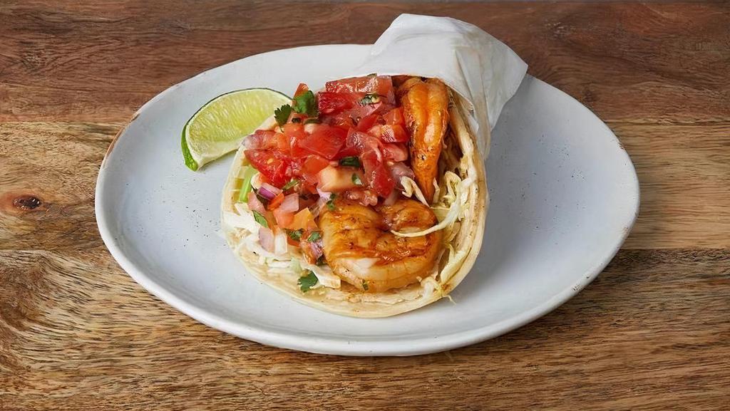 GRILLED SHRIMP TACO :: · Marinated shrimp in soft corn tortillas with cilantro, cabbage, red onions, pico de gallo, & tomatillo salsa