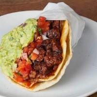 NICK'S WAY AL PASTOR :: · One taco with a grilled crispy corn tortilla wrapped in a soft corn tortilla. With Jack chee...